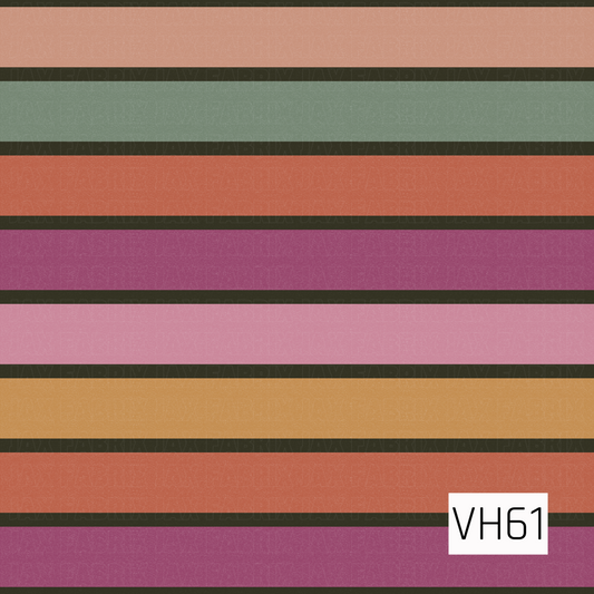 A bold retro stripe featuring wide horizontal bands in dusty peach, muted aqua, burnt coral, berry pink, soft rose, and warm golden mustard. Deep olive-green accents separate each color, while a subtle distressed texture gives the design a vintage, slightly worn finish.
