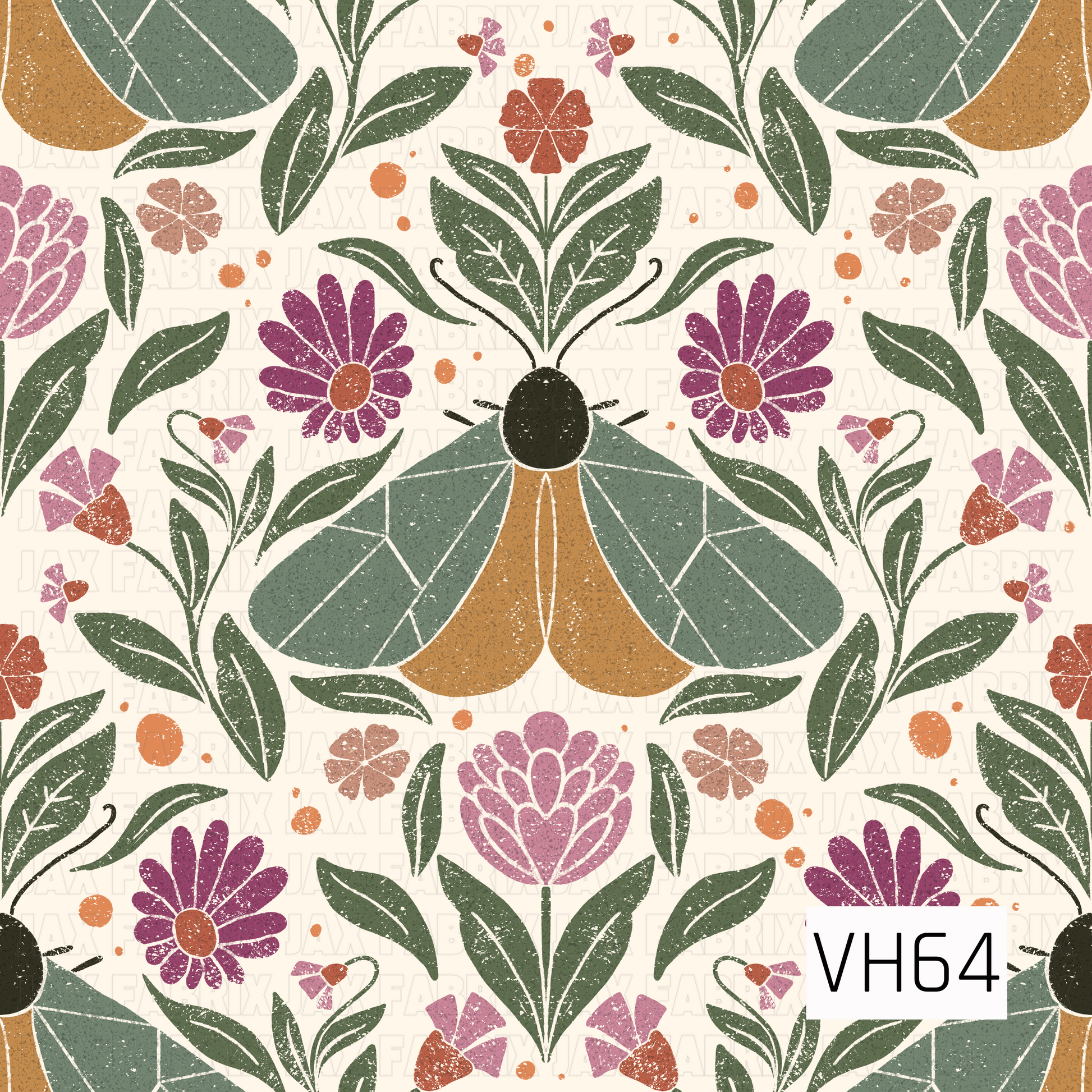 A whimsical folk-inspired moth print featuring large stylized moths surrounded by blooming florals, leafy stems, and tiny botanical accents. Muted sage and forest greens pair with mustard gold, plum, dusty pink, terracotta, and soft orange against a creamy ivory background. A distressed, speckled texture gives the design a charming vintage, hand-printed feel.
