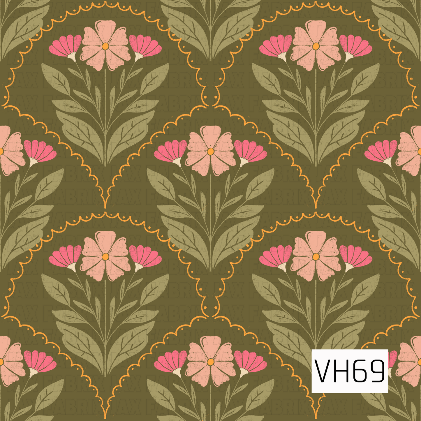 A vintage-inspired floral print with pink and peach blooms, leafy olive stems, and scalloped orange detailing on a deep olive green background.
