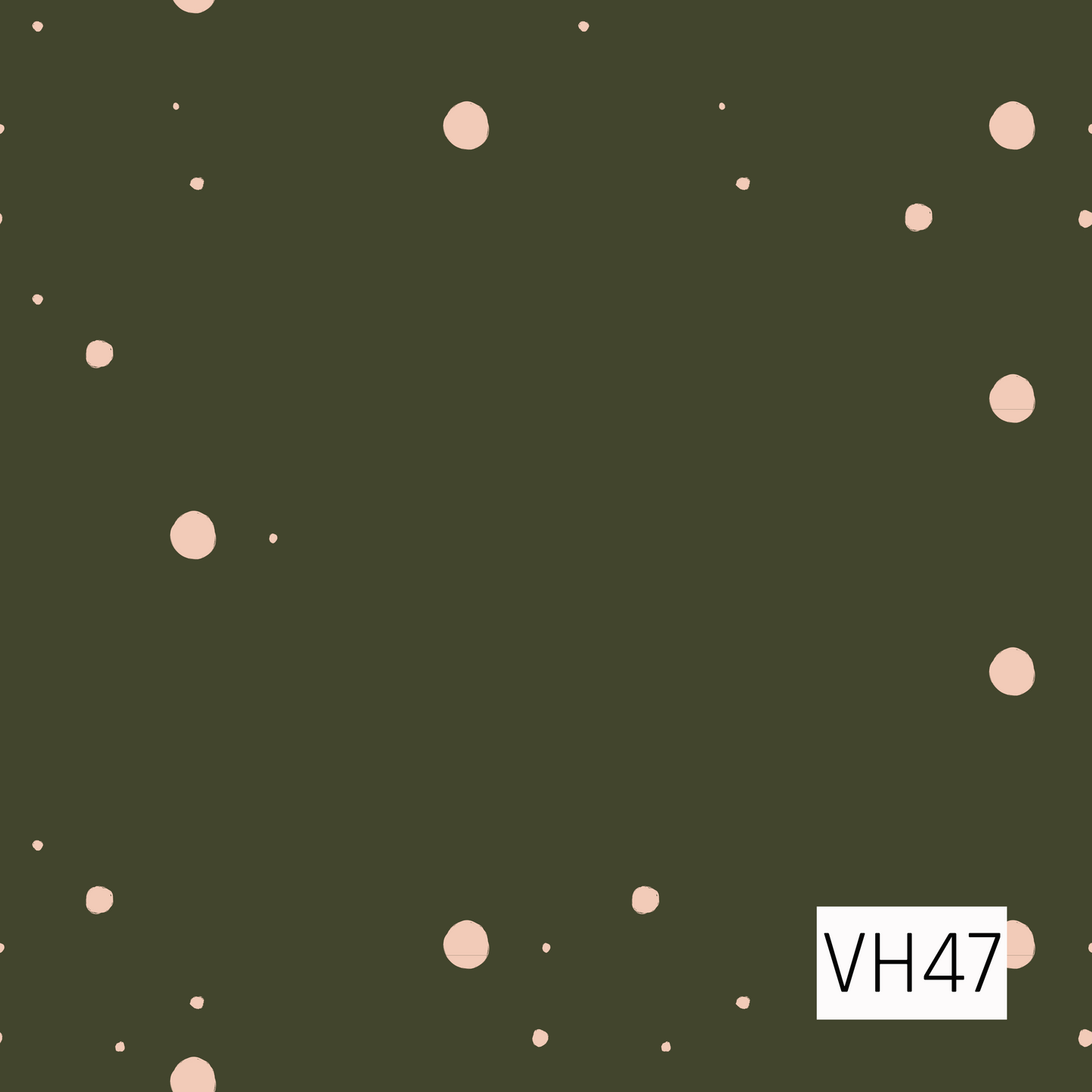 A minimalist polka dot print featuring softly irregular blush pink dots scattered across a deep olive green background. The varying dot sizes and organic, hand-drawn shapes give the design a playful, understated feel with a warm retro-boho aesthetic.
