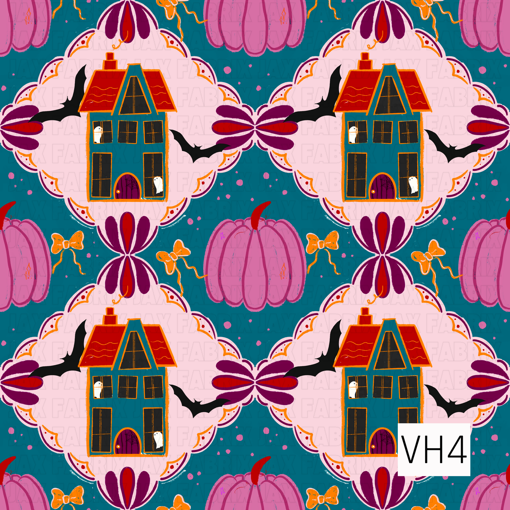 A whimsical Halloween pattern featuring colorful haunted houses framed by ornate scalloped medallions on a rich teal background. Pink pumpkins, playful bats, ghostly windows, and dainty bows create a charming, vintage-inspired design full of spooky-cute personality.

