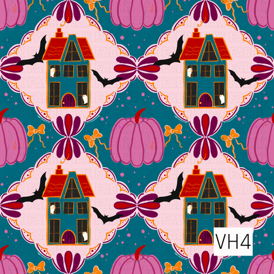 A whimsical Halloween pattern featuring colorful haunted houses framed by ornate scalloped medallions on a rich teal background. Pink pumpkins, playful bats, ghostly windows, and dainty bows create a charming, vintage-inspired design full of spooky-cute personality.
