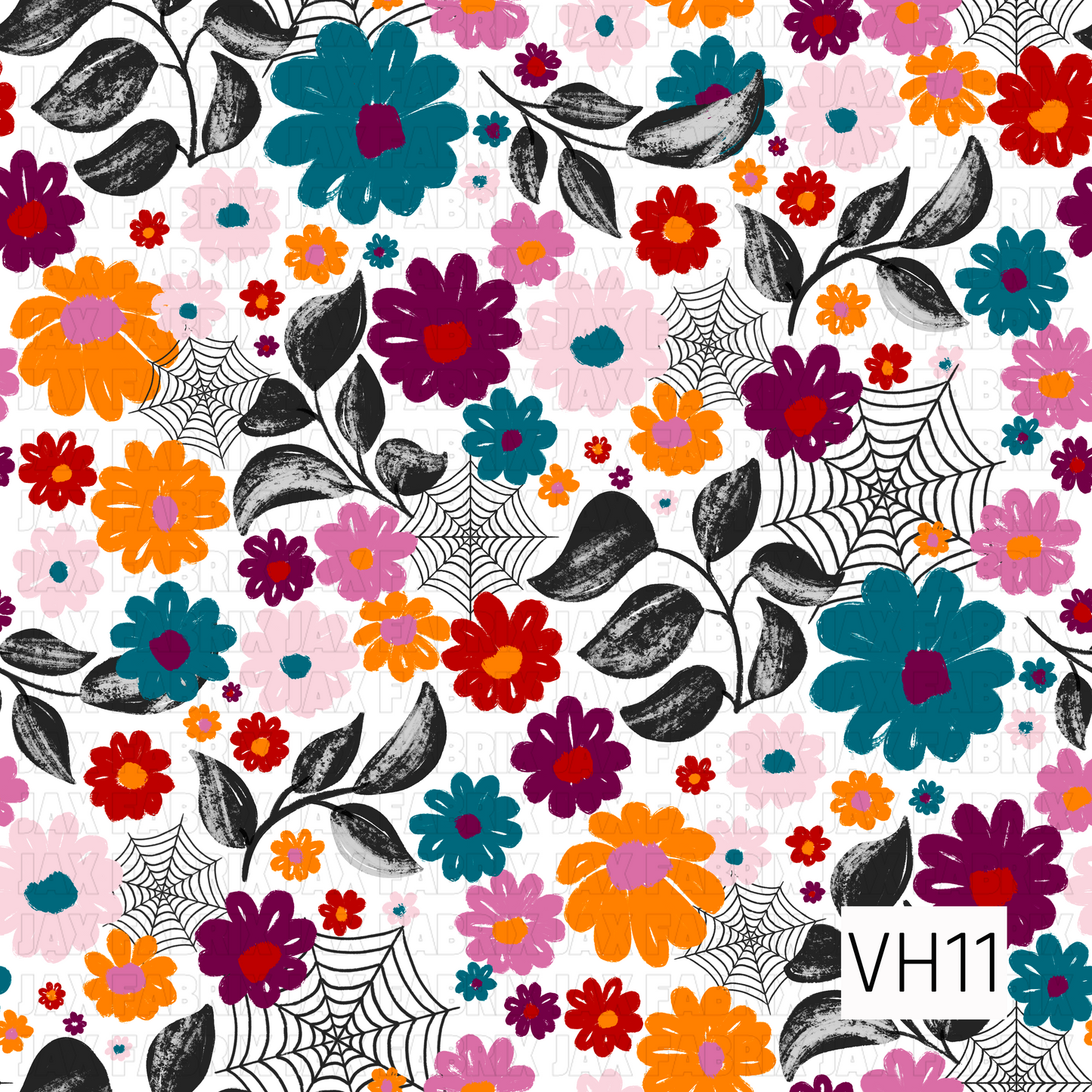 A whimsical Halloween floral pattern featuring vibrant teal, pink, orange, purple, and red blooms scattered across a crisp white background. Distressed black leafy vines and delicate spider webs add a spooky twist, creating a bold, vintage-inspired design that perfectly blends colorful florals with Halloween charm.
