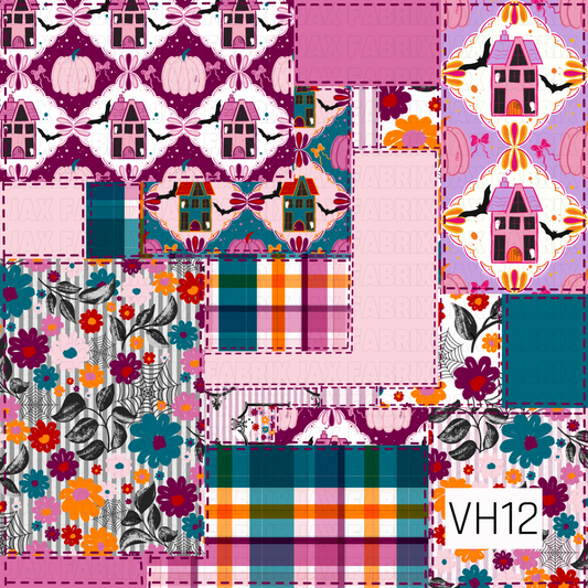 A charming Halloween patchwork design featuring whimsical haunted houses, colorful Halloween florals, bold plaid, pumpkins, and coordinating prints stitched together with faux patchwork details. Rich shades of pink, teal, purple, orange, and black create a playful vintage-inspired collection full of spooky yet sweet Halloween charm.
