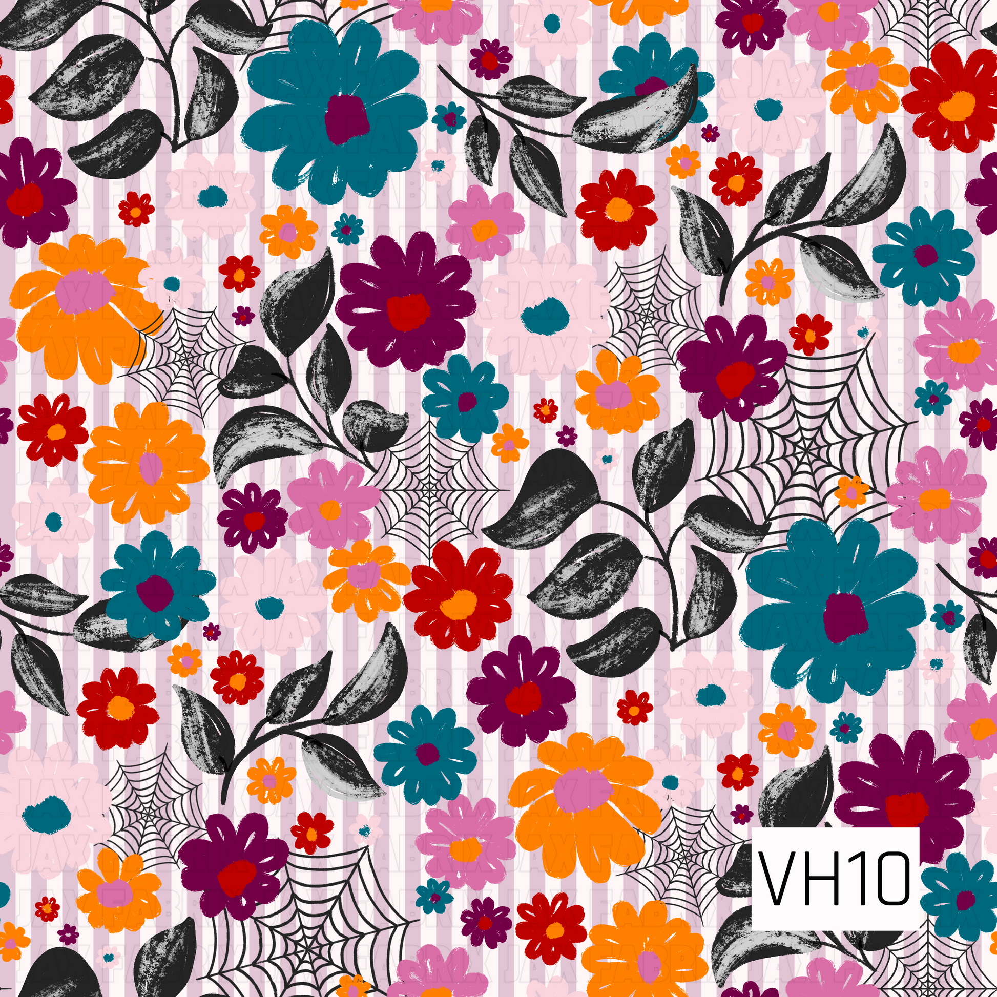 A whimsical Halloween floral pattern featuring vibrant teal, pink, orange, purple, and red blooms scattered across soft pink stripes. Distressed black leafy vines and delicate spider webs add a spooky twist, blending cheerful florals with vintage Halloween charm for a playful, eye-catching design.
