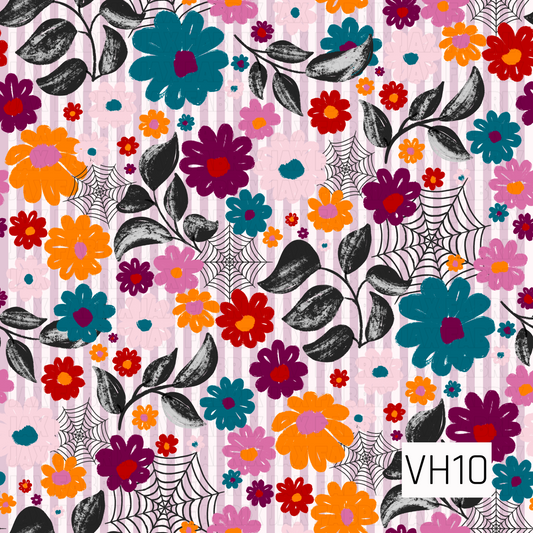 A whimsical Halloween floral pattern featuring vibrant teal, pink, orange, purple, and red blooms scattered across soft pink stripes. Distressed black leafy vines and delicate spider webs add a spooky twist, blending cheerful florals with vintage Halloween charm for a playful, eye-catching design.
