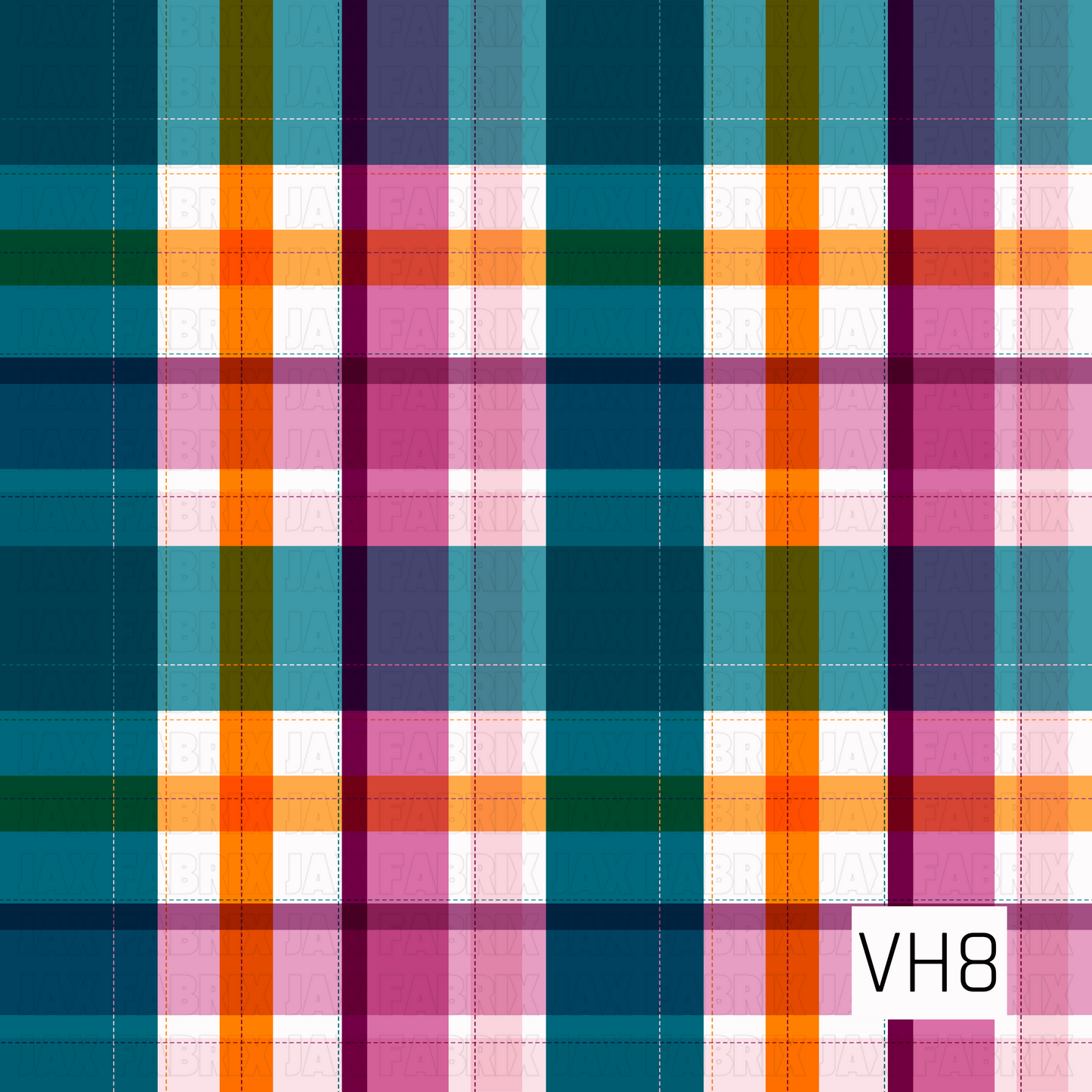 A bold Halloween plaid featuring rich teal, vibrant pink, bright orange, purple, white, and deep green stripes woven into a classic tartan pattern. The playful color palette adds a fun, preppy twist that's perfect for the spooky season.
