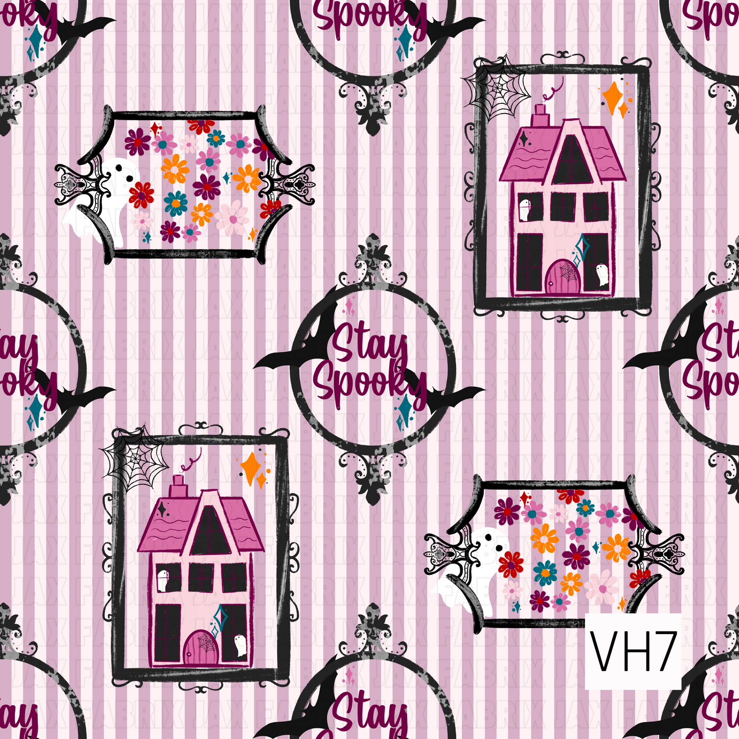 A playful Halloween pattern featuring pink striped backgrounds with spooky framed haunted houses, ghost-filled floral artwork, and "Stay Spooky" accents. Ornate black frames, bats, cobwebs, and whimsical details give this design a vintage, preppy Halloween charm with a fun and colorful twist.

