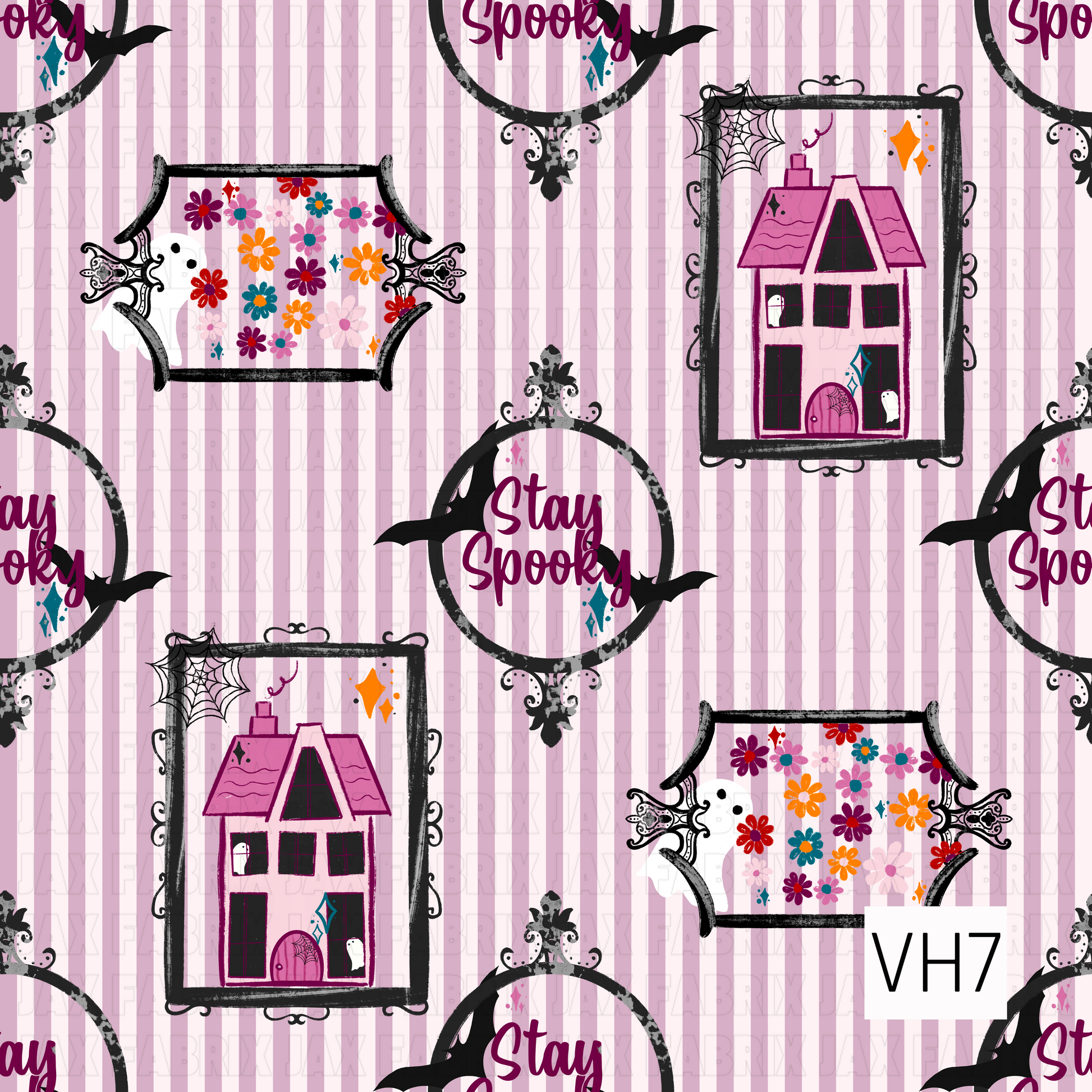 A playful Halloween pattern featuring pink striped backgrounds with spooky framed haunted houses, ghost-filled floral artwork, and "Stay Spooky" accents. Ornate black frames, bats, cobwebs, and whimsical details give this design a vintage, preppy Halloween charm with a fun and colorful twist.
