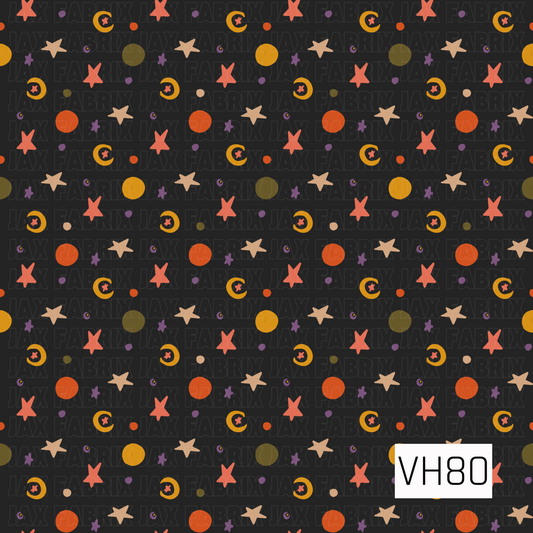 A playful seamless celestial pattern featuring scattered stars, crescent moons, dots, and tiny whimsical accents. Coral, golden orange, olive green, purple, and soft tan stand out against a deep charcoal black background for a fun retro-inspired look.
