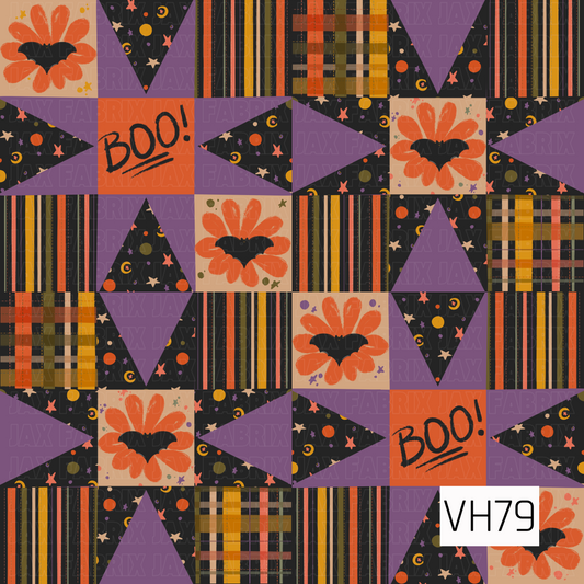 A bold seamless Halloween patchwork pattern featuring a playful mix of quilt-inspired geometric blocks. The design combines black bats framed by oversized orange florals, celestial stars and crescent moons, colorful plaid, retro stripes, purple geometric shapes, and bright “BOO!” lettering. Rich burnt orange, mustard yellow, olive green, purple, coral, black, and warm beige create a funky vintage-inspired Halloween look with lots of texture and variety.
