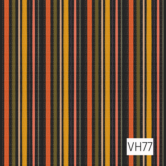 A bold seamless vertical stripe pattern featuring alternating bands of burnt orange, mustard yellow, olive green, coral, soft tan, and subtle purple against a deep charcoal background. Thin hand-drawn lines and stitched-style details add texture and give the design a playful retro feel.
