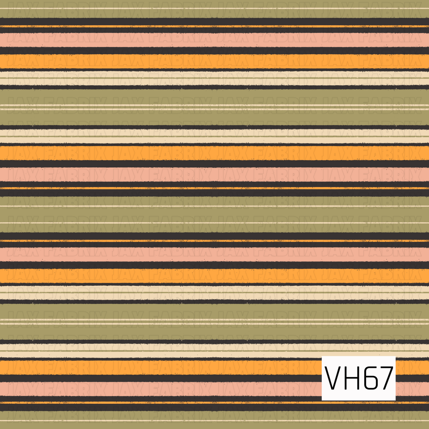 A retro-inspired stripe print with olive green, peach, orange, cream, and black horizontal bands in a slightly distressed, hand-drawn style.
