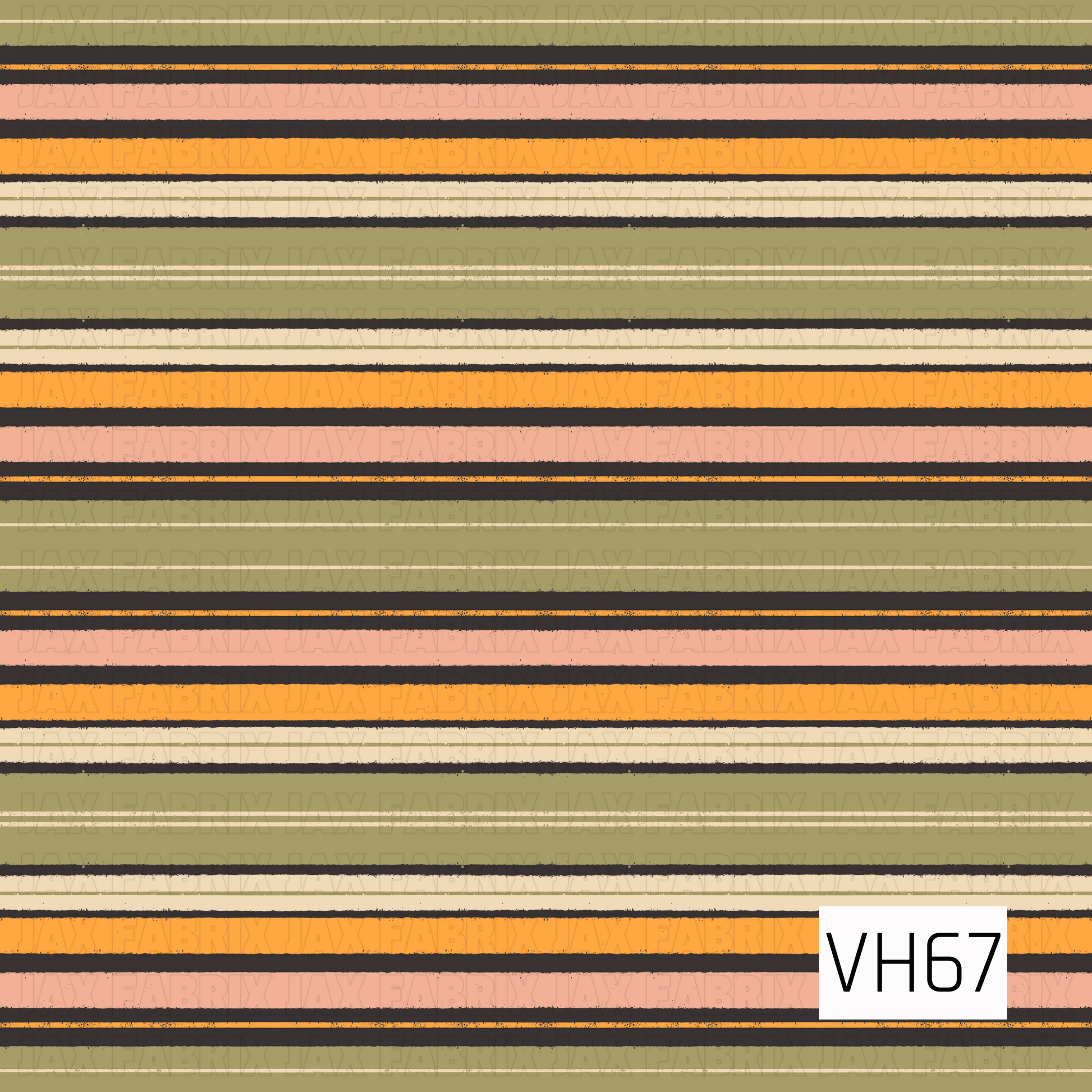 A retro-inspired stripe print with olive green, peach, orange, cream, and black horizontal bands in a slightly distressed, hand-drawn style.
