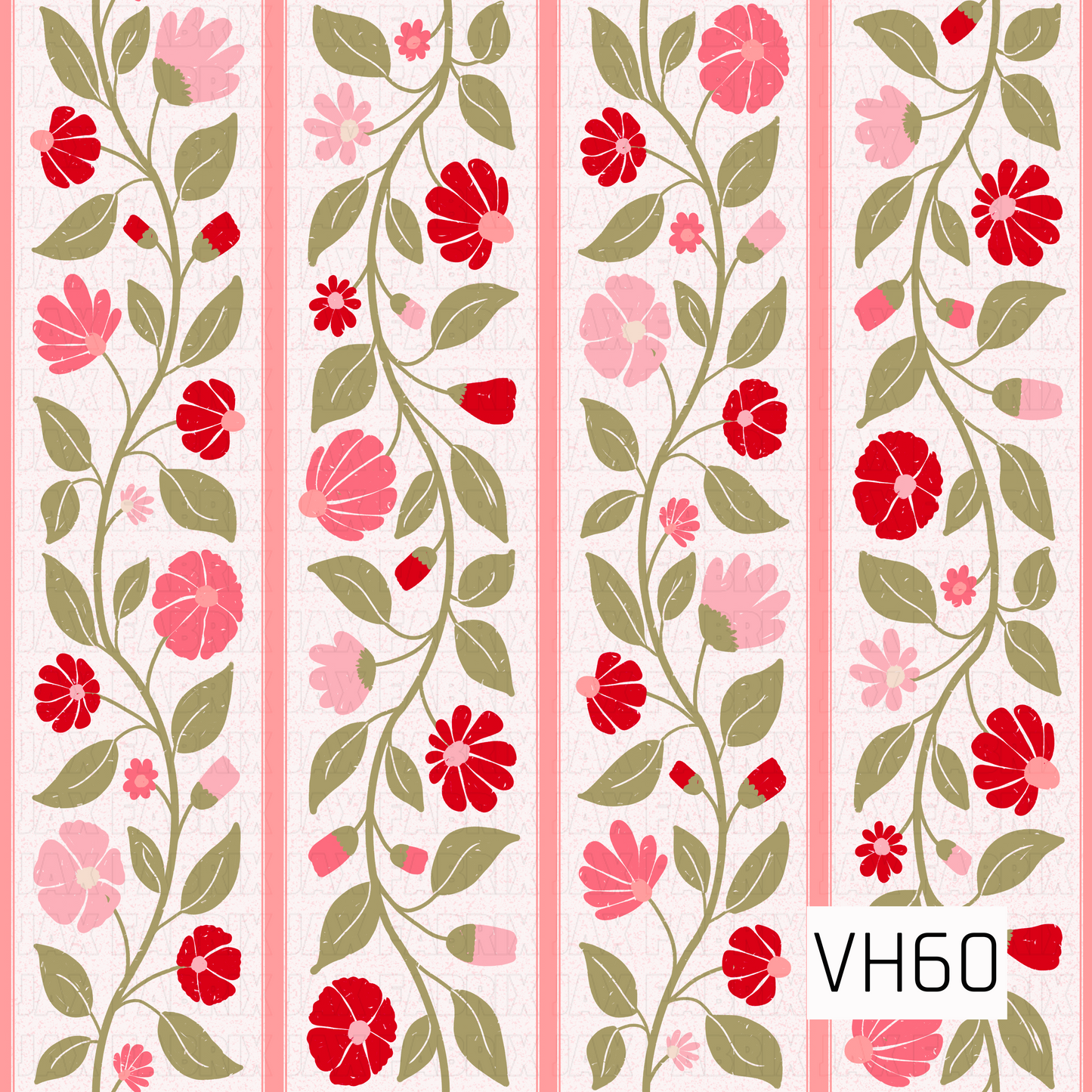 A romantic trailing floral featuring winding vines adorned with playful blooms and buds in vibrant red, rosy pink, and soft blush. Muted olive-green leaves add an earthy contrast, while vertical coral stripes frame the cascading florals. A lightly distressed ivory background gives the design a charming hand-drawn, vintage-inspired finish.
