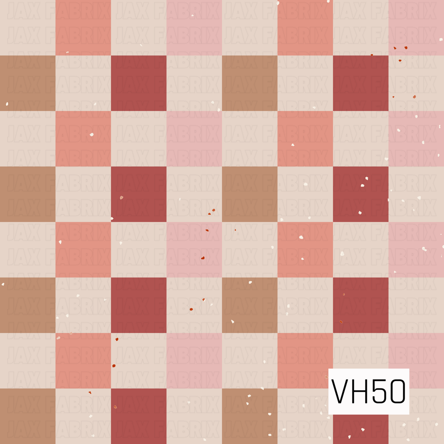 A charming vintage-inspired checker print featuring oversized squares in dusty coral, blush pink, warm caramel, creamy ivory, and muted red. Subtle speckled and distressed details add a worn, handcrafted texture, giving the classic checkerboard pattern a cozy retro-boho feel.
