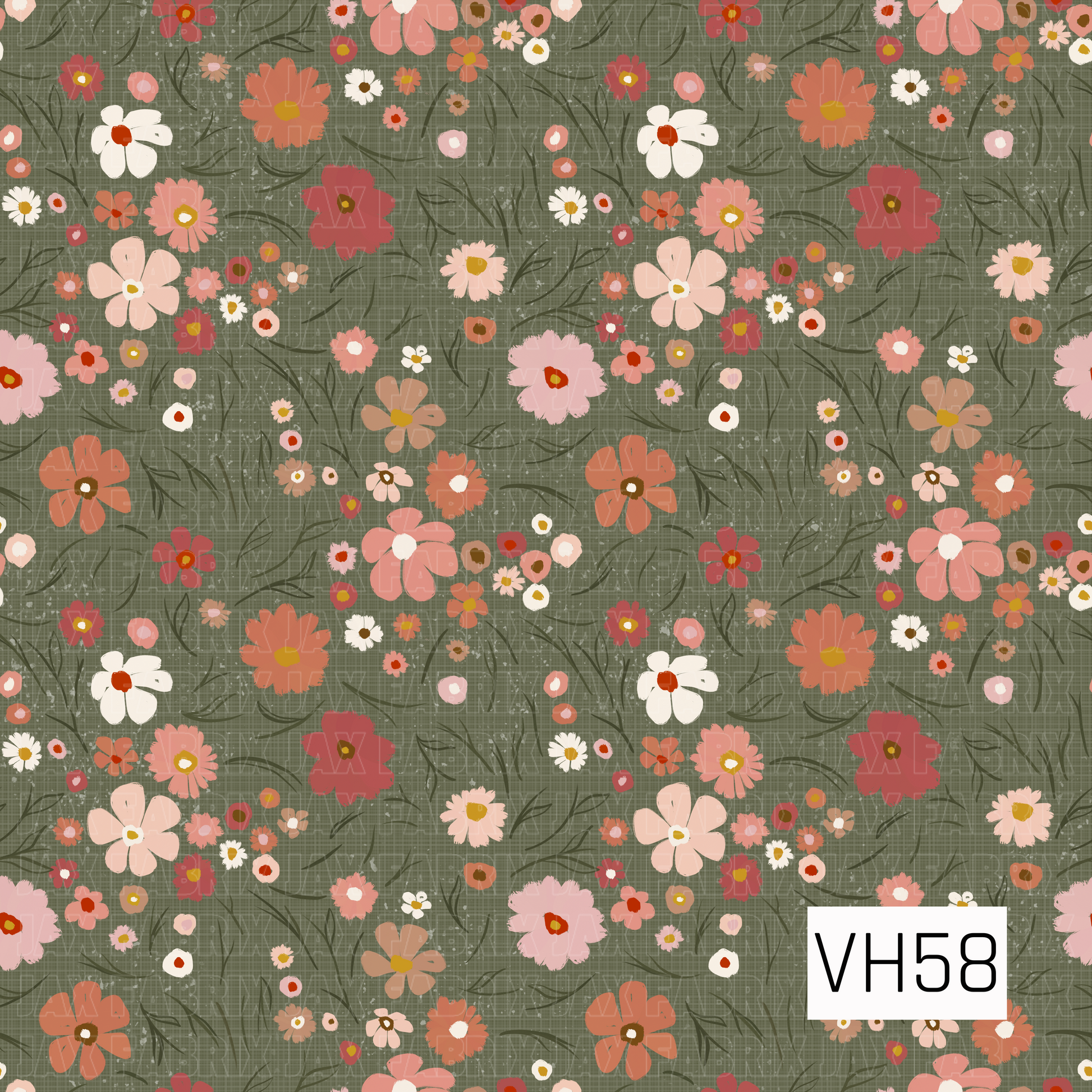 A charming vintage floral scattered across a muted olive-green background, featuring hand-drawn blooms in coral, dusty rose, blush pink, cream, terracotta, and warm mustard. Delicate dark green stems and wispy foliage weave between the flowers, while a subtle linen-like texture and distressed speckles give the design a cozy, timeworn finish.
