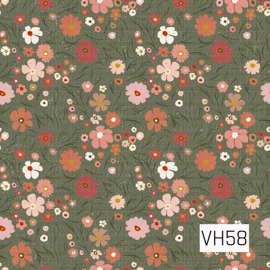 A charming vintage floral scattered across a muted olive-green background, featuring hand-drawn blooms in coral, dusty rose, blush pink, cream, terracotta, and warm mustard. Delicate dark green stems and wispy foliage weave between the flowers, while a subtle linen-like texture and distressed speckles give the design a cozy, timeworn finish.
