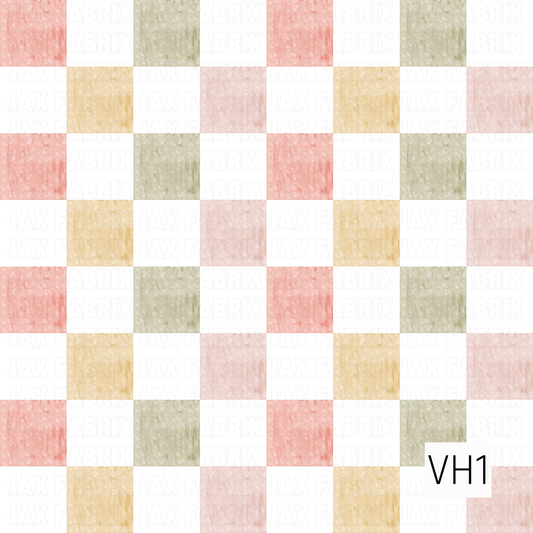 A soft watercolor checkerboard featuring alternating squares in blush pink, sage green, buttery yellow, and pale peach. The subtle painted texture and muted pastel palette create a timeless, cozy design with a handcrafted feel.
