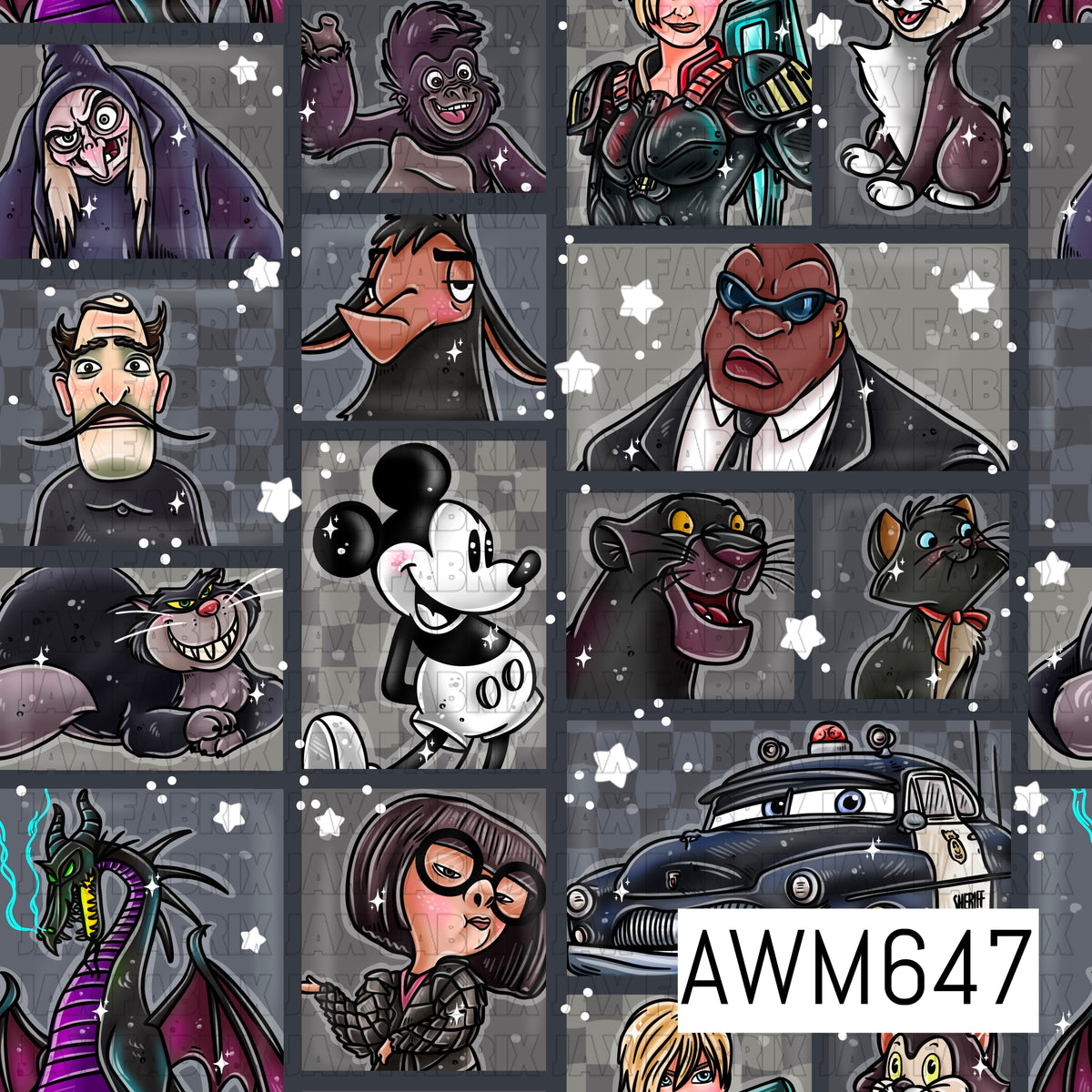 A dark, whimsical seamless design featuring a collage of familiar animated-inspired villains, sidekicks and characters in framed portrait panels. Shades of charcoal, black, burgundy and muted gray are accented with white stars and sparkles for a moody, vintage storybook feel.