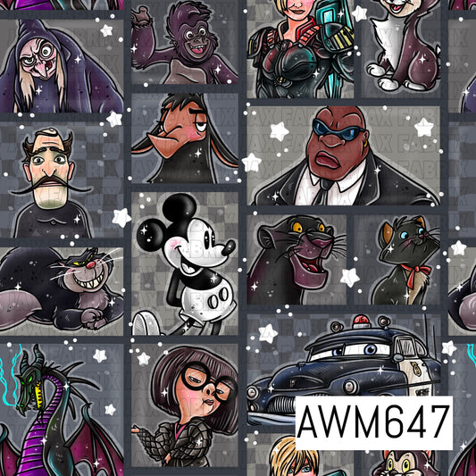 A dark, whimsical seamless design featuring a collage of familiar animated-inspired villains, sidekicks and characters in framed portrait panels. Shades of charcoal, black, burgundy and muted gray are accented with white stars and sparkles for a moody, vintage storybook feel.