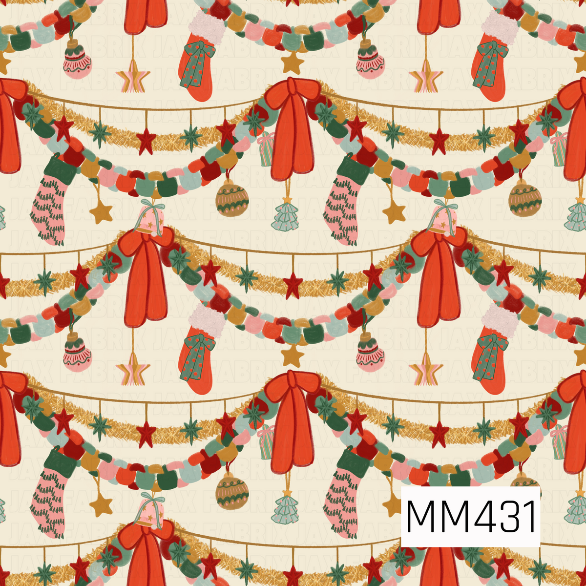 A whimsical vintage Christmas pattern filled with layered festive garlands, oversized red bows, golden tinsel, and colorful hanging ornaments. Playful stockings, stars, wrapped gifts, Christmas trees, and retro baubles add extra detail throughout, all in a nostalgic palette of red, green, pink, aqua, and gold on a warm cream background.
