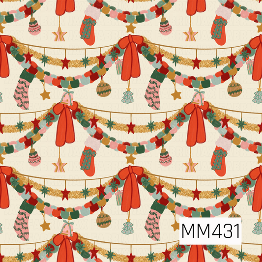 A whimsical vintage Christmas pattern filled with layered festive garlands, oversized red bows, golden tinsel, and colorful hanging ornaments. Playful stockings, stars, wrapped gifts, Christmas trees, and retro baubles add extra detail throughout, all in a nostalgic palette of red, green, pink, aqua, and gold on a warm cream background.
