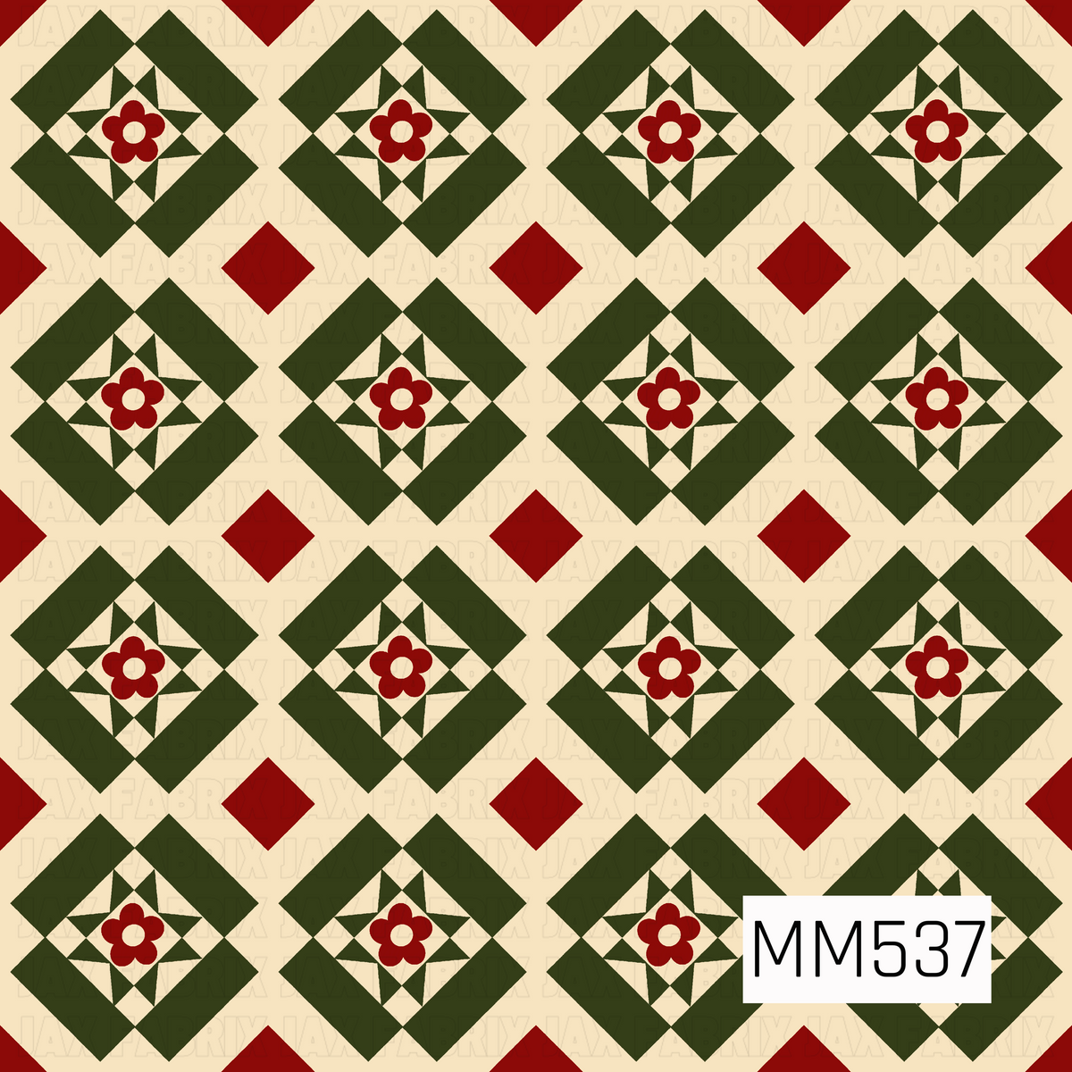 A charming vintage-inspired Christmas quilt pattern featuring repeating geometric diamond blocks in deep forest green, rich cranberry red, and warm cream. Each quilt block showcases a sweet five-petal red flower with a cream center, surrounded by pointed green star shapes and bold diamond borders. Small cranberry red diamonds separate the blocks, creating a beautifully balanced patchwork design with a cozy, traditional holiday feel.