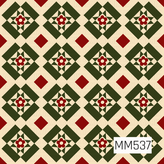 A charming vintage-inspired Christmas quilt pattern featuring repeating geometric diamond blocks in deep forest green, rich cranberry red, and warm cream. Each quilt block showcases a sweet five-petal red flower with a cream center, surrounded by pointed green star shapes and bold diamond borders. Small cranberry red diamonds separate the blocks, creating a beautifully balanced patchwork design with a cozy, traditional holiday feel.