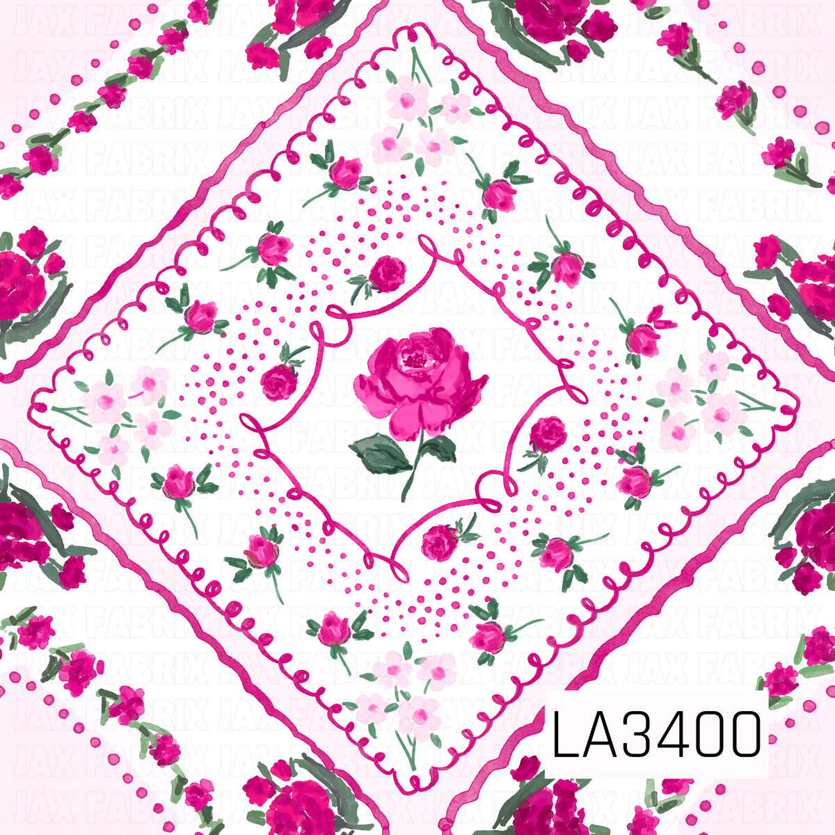 A charming vintage-inspired floral handkerchief pattern featuring a large diamond-shaped arrangement on a soft blush pink background. The design showcases a vibrant pink rose at the center, surrounded by delicate rosebuds, tiny pale pink blossoms, scattered pink dots, and leafy green accents. Scalloped pink borders, whimsical looping ribbons, and floral clusters add a sweet, feminine touch with a hand-painted watercolor feel.