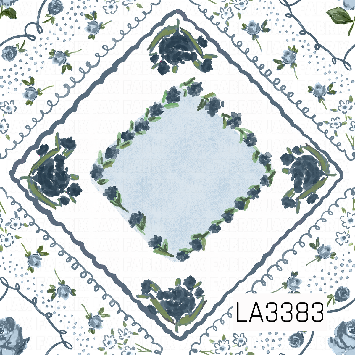 A charming vintage-inspired handkerchief design featuring a soft powder blue diamond center surrounded by delicate navy blue floral garlands. Hand-painted blue blossoms, leafy greenery, scalloped borders, whimsical looping details, and scattered polka dots decorate the crisp white background, creating a timeless, feminine floral pattern.