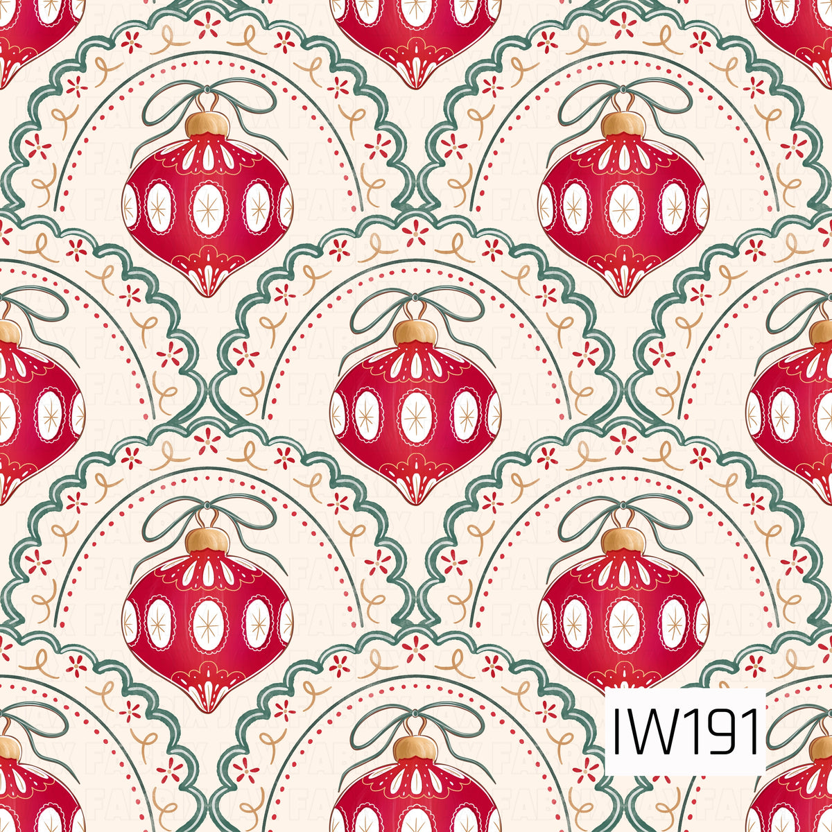 A vintage-inspired Christmas pattern featuring rich red ornaments decorated with delicate cream and gold details, topped with golden caps and sage green ribbon bows. Each ornament is framed by an elegant scalloped arch in muted green, accented with tiny red flowers, golden swirls, and dotted detailing against a warm ivory background.