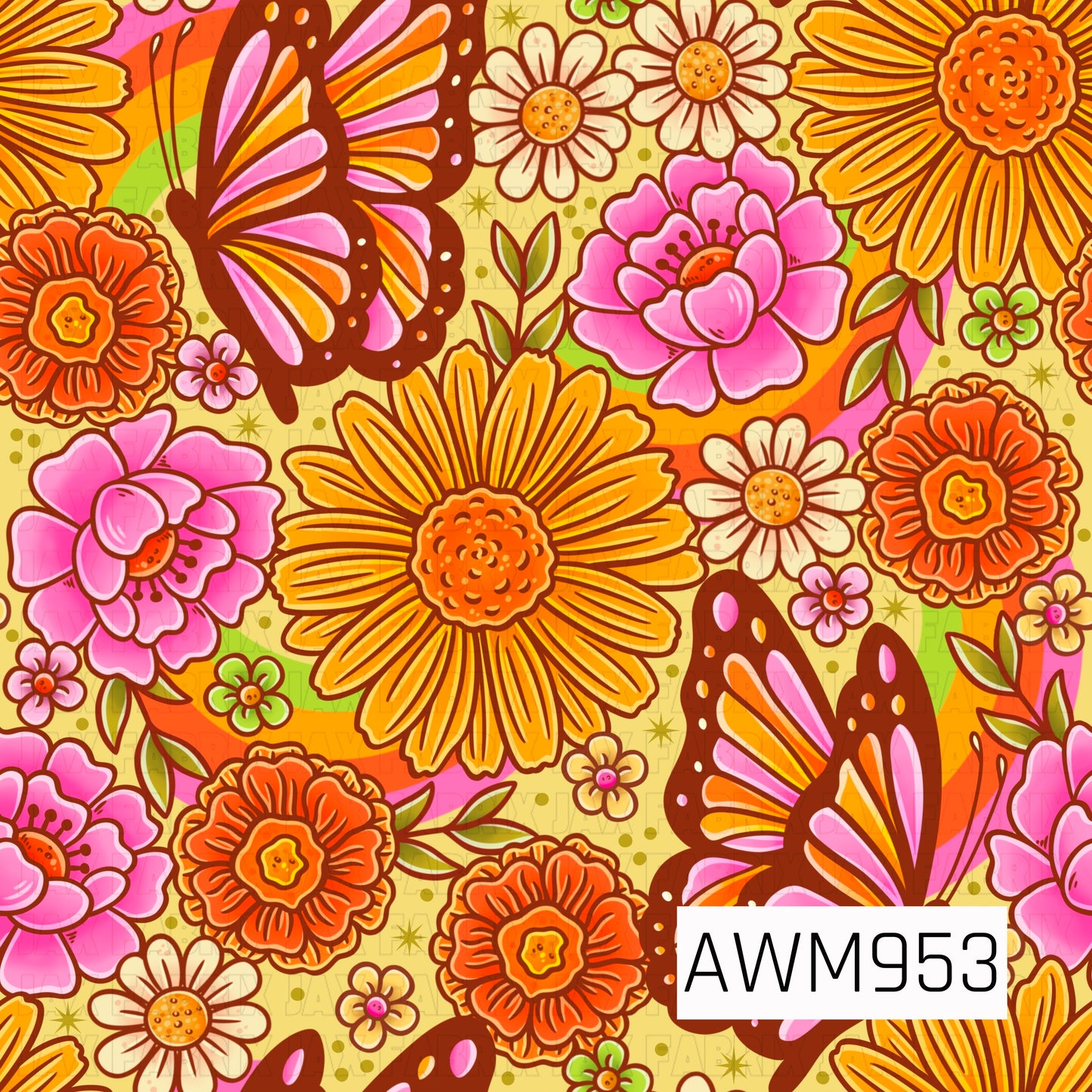 A vibrant floral design featuring bold sunflowers, blooming pink and orange flowers, delicate daisies, and graceful butterflies layered over colorful rainbow accents. The warm, cheerful color palette and garden-inspired details create a bright springtime aesthetic full of charm and whimsy. Perfect for nature lovers, floral enthusiasts, and colorful creations inspired by blooming gardens and sunny days.
