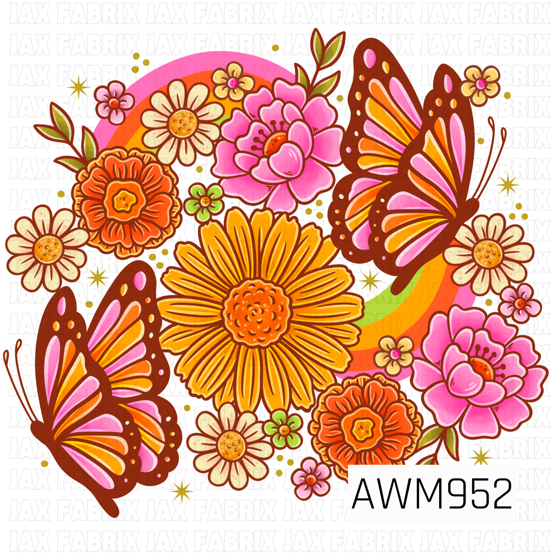 A vibrant sublimation design featuring bold sunflowers, blooming pink and orange flowers, delicate daisies, and graceful butterflies arranged around a bright rainbow accent. The warm, cheerful color palette and whimsical garden details create a joyful spring and summer aesthetic filled with charm, color, and natural beauty. Perfect for tumblers, tote bags, shirts, mugs, home décor, and gifts for floral and butterfly lovers.
