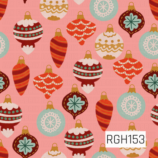 A playful retro Christmas pattern featuring vintage-inspired ornaments in deep red, bright coral, mint, cream, and golden mustard. The mix of stripes, scallops, dots, and floral details pops against a warm pink background for a fun, colorful holiday look.
