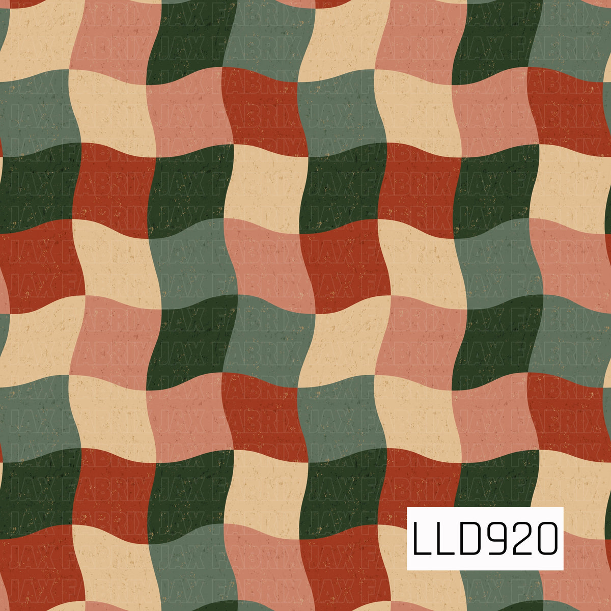 A retro wavy checker pattern featuring softly curved blocks in deep forest green, muted sage, dusty coral, warm red, and creamy beige. A subtle distressed texture throughout gives the design a cozy, vintage-inspired feel.
