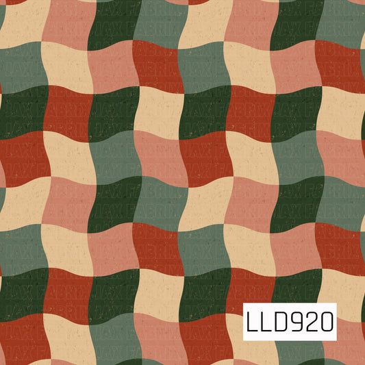 A retro wavy checker pattern featuring softly curved blocks in deep forest green, muted sage, dusty coral, warm red, and creamy beige. A subtle distressed texture throughout gives the design a cozy, vintage-inspired feel.
