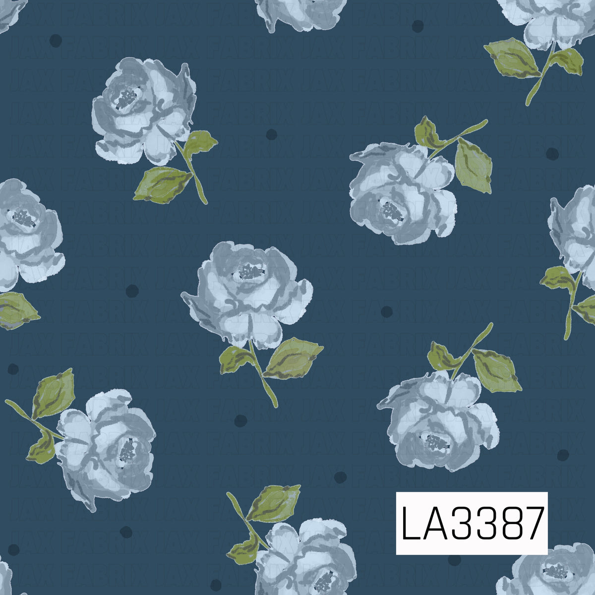 A beautiful vintage-inspired floral pattern featuring large, hand-painted dusty blue roses with softly layered petals in shades of powder blue and slate gray. Muted olive green leaves and delicate stems accent each bloom, while scattered dark blue polka dots add a playful touch against the rich, deep navy blue background.