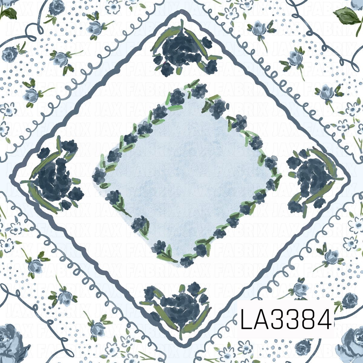 A vintage-inspired floral handkerchief pattern featuring a soft powder blue diamond center framed by delicate navy blue blossoms and leafy green garlands. Scalloped navy borders, whimsical looping accents, tiny blue rosebuds, and scattered polka dots decorate the pale blue background, creating a sweet, timeless design with a hand-painted watercolor feel.