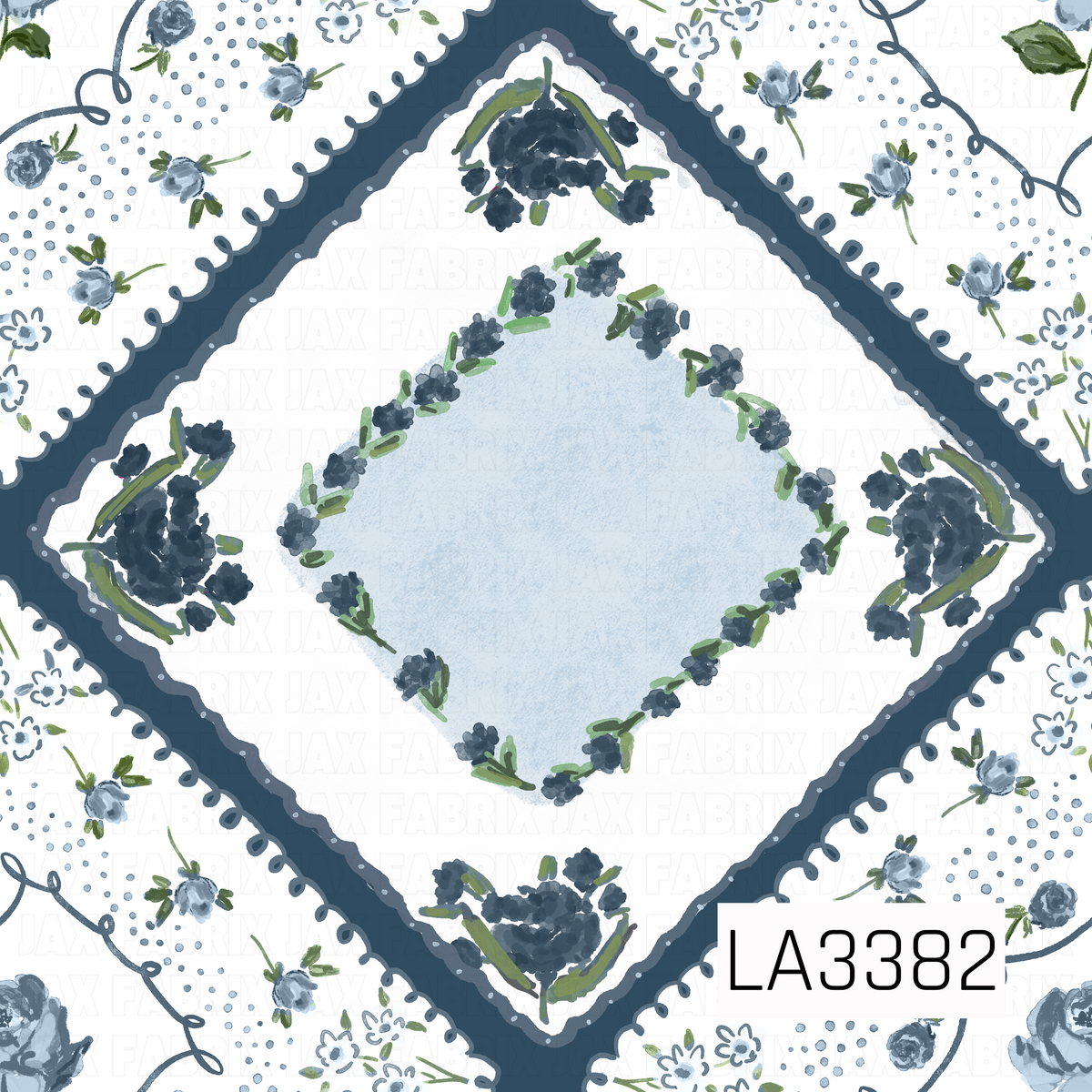 A vintage-inspired handkerchief pattern featuring a soft powder blue diamond center framed by delicate navy blue floral garlands and clusters of dark blue blossoms. Scalloped navy borders surround the design, while tiny blue rosebuds, scattered dots, and whimsical floral vines decorate the white background for a charming, hand-painted look.
