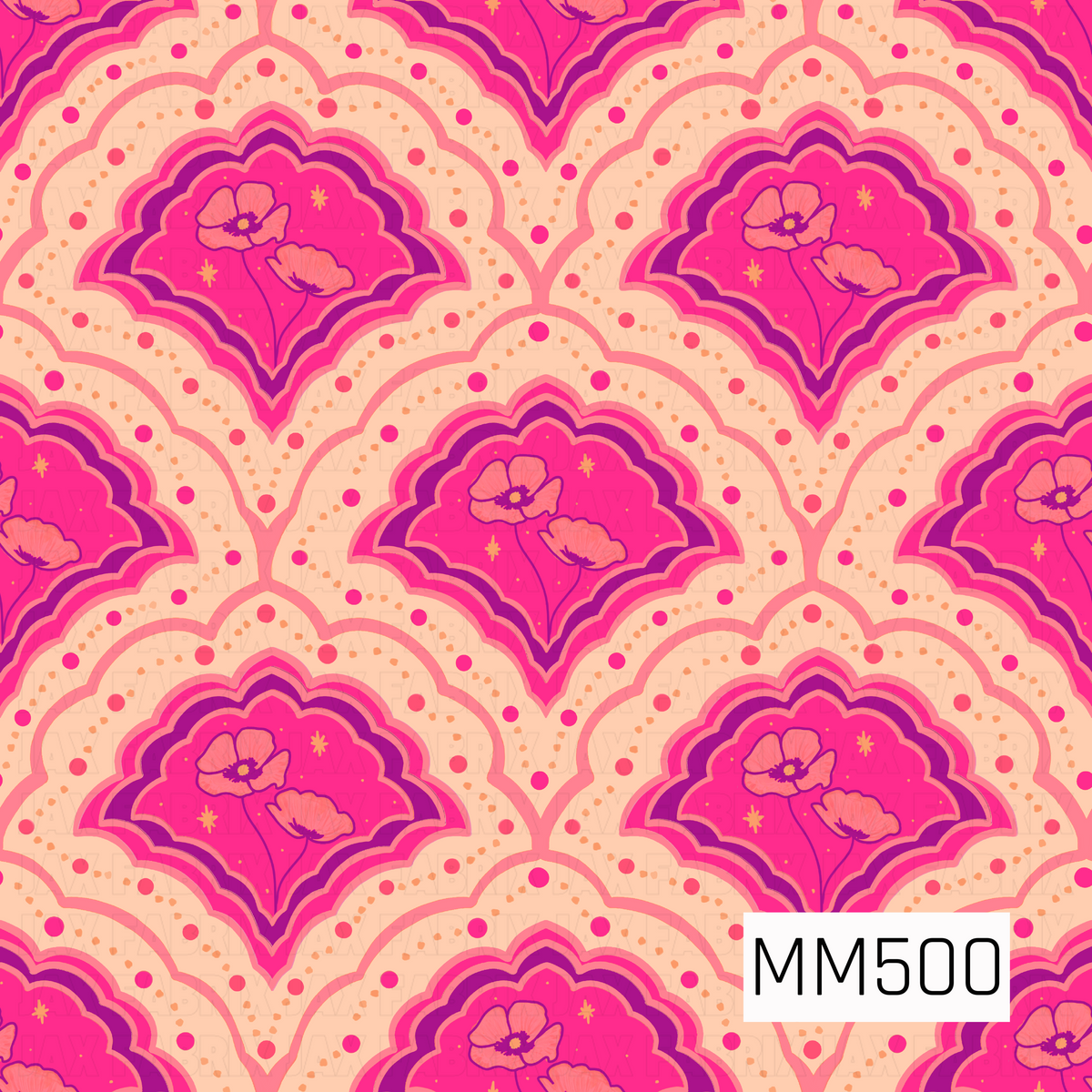 A bold retro floral scallop pattern featuring repeating layered fan-shaped arches in vibrant shades of hot pink, coral, magenta, and deep purple. Each motif centers around a bright fuchsia panel filled with delicate hand-drawn coral-pink poppy-style flowers, dark purple detailing, slender stems, and tiny golden starburst accents. Multiple scalloped layers in magenta, purple, coral, and pink frame each floral center, creating a dimensional, groovy look. The soft peachy-cream background is scattered with irre