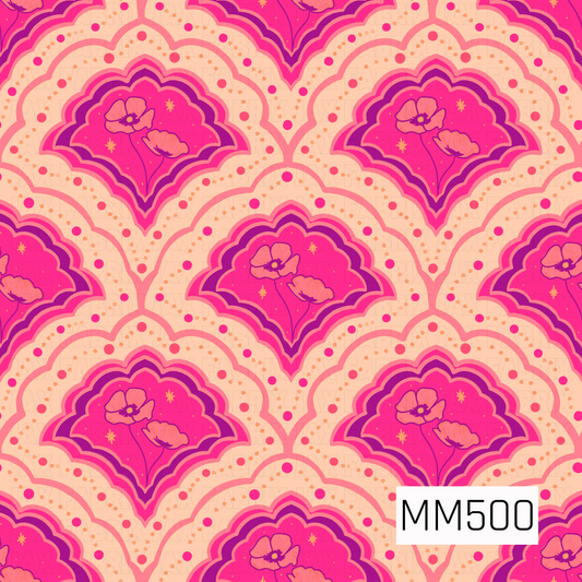 A bold retro floral scallop pattern featuring repeating layered fan-shaped arches in vibrant shades of hot pink, coral, magenta, and deep purple. Each motif centers around a bright fuchsia panel filled with delicate hand-drawn coral-pink poppy-style flowers, dark purple detailing, slender stems, and tiny golden starburst accents. Multiple scalloped layers in magenta, purple, coral, and pink frame each floral center, creating a dimensional, groovy look. The soft peachy-cream background is scattered with irre