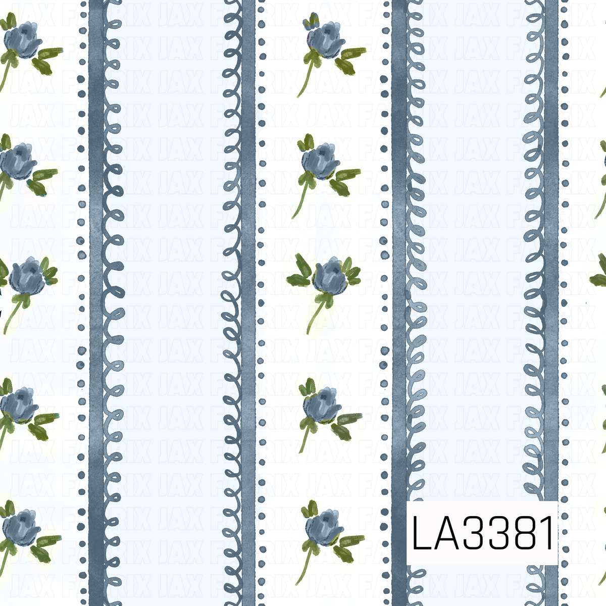 A vintage-inspired floral stripe pattern featuring soft dusty blue vertical bands with delicate looping ribbon borders and tiny dotted accents. Hand-painted blue rosebuds with olive green leaves are scattered between the stripes against a pale, icy blue background, creating a sweet, romantic design with a soft watercolor finish.