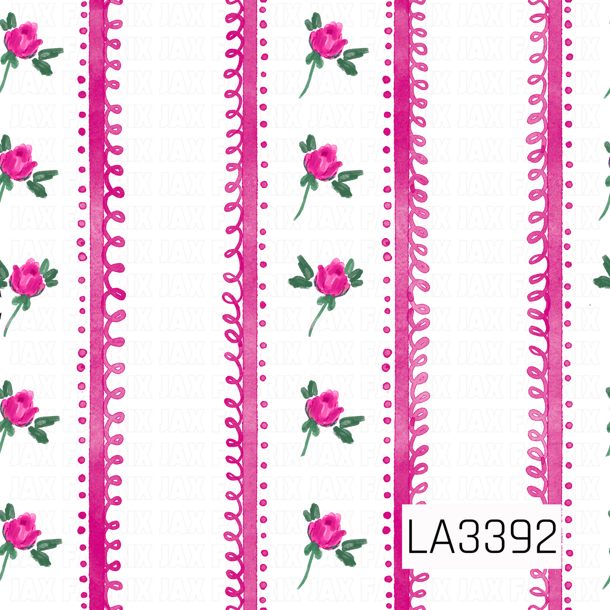A charming vintage-inspired floral stripe featuring delicate watercolor rosebuds in vibrant shades of pink, accented with soft green leaves and slender stems. Vertical hot pink ribbon stripes are adorned with whimsical looping scalloped details and dainty dotted borders, all arranged against a crisp white background. The hand-painted textures give this sweet, feminine design a playful yet timeless cottage-inspired feel.