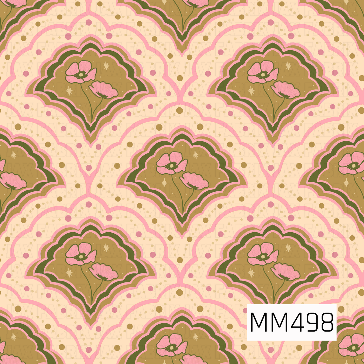 A retro floral scallop pattern featuring layered, fan-shaped arches arranged in a repeating tile formation. Each motif is built with soft cream, dusty pink, olive green, and warm mustard-gold layers, outlined with bold pink accents for extra definition. The centers feature delicate hand-drawn pink poppy-style flowers with dark olive details and slender stems, surrounded by tiny starburst accents. Scattered pink, mustard, and neutral speckles fill the creamy outer sections, adding playful texture and a sligh