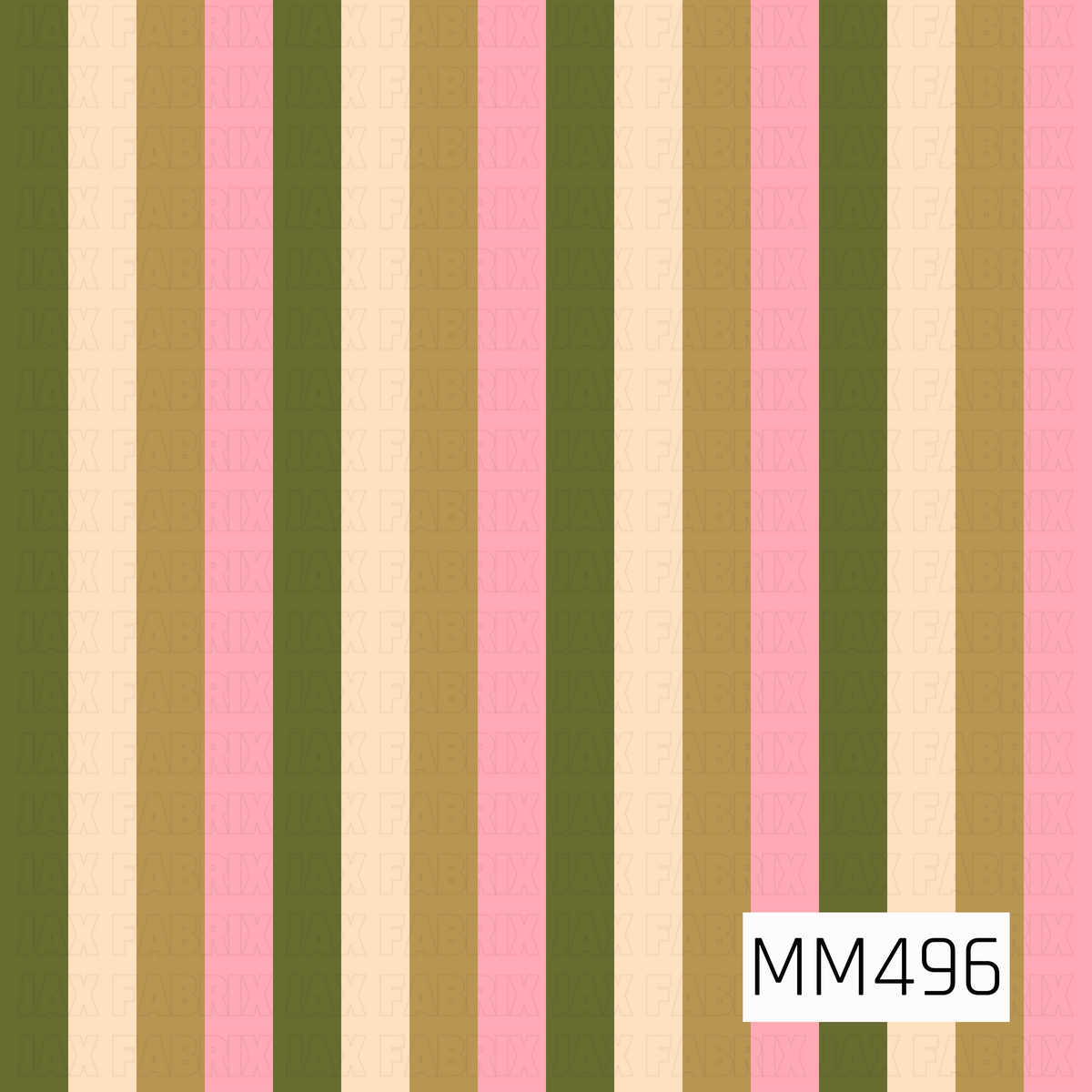 A simple retro-inspired vertical stripe pattern featuring alternating bands of deep olive green, warm golden mustard, soft blush pink, and creamy ivory. The stripes are evenly spaced and repeat in a clean, structured arrangement, allowing the muted earthy colors to be the focus. The combination of mossy green and golden brown adds warmth, while the pink brings a playful feminine touch and the ivory softens the overall palette. With its understated design and vintage-inspired color combination, this coordina