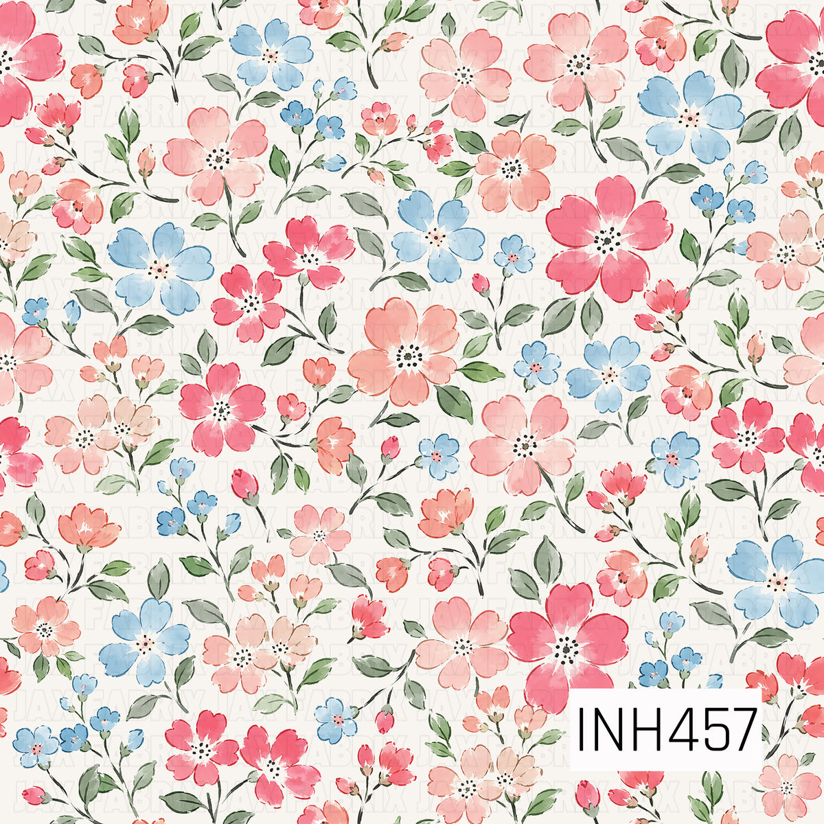 A vibrant watercolor floral pattern filled with loosely painted blossoms in coral, blush pink, bright pink, and soft blue. Delicate green leaves, winding stems, and scattered buds create a lush, garden-inspired design on a soft white background.