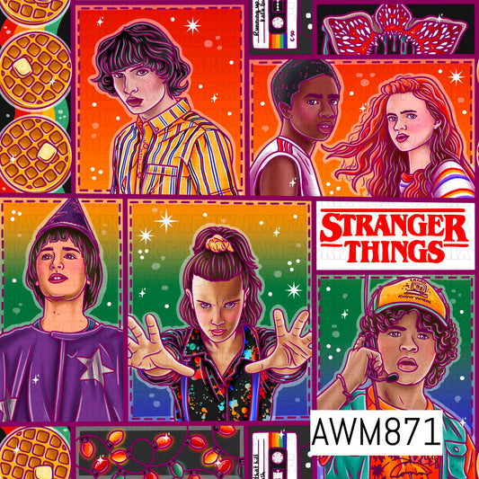 A vibrant retro-style character panel collage featuring illustrated teens and friends arranged in colorful framed squares. The design includes neon rainbow gradients, vintage cassette tapes, waffles, holiday string lights, stars, and supernatural-inspired elements in bold shades of orange, purple, green, and pink. The comic-inspired artwork and nostalgic 1980s aesthetic create a fun, adventurous, and retro pop-culture vibe.