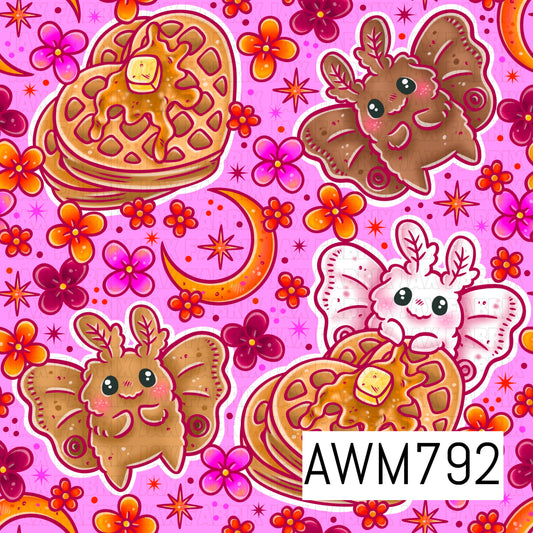 A sweet seamless pattern featuring fluffy moths, golden waffles drizzled with syrup and butter, crescent moons, retro flowers, and sparkling stars on a bright pink background. This whimsical breakfast-inspired design is perfect for apparel, quilts, blankets, pajamas, bows, bags, nursery décor, and other fun sewing and crafting projects.