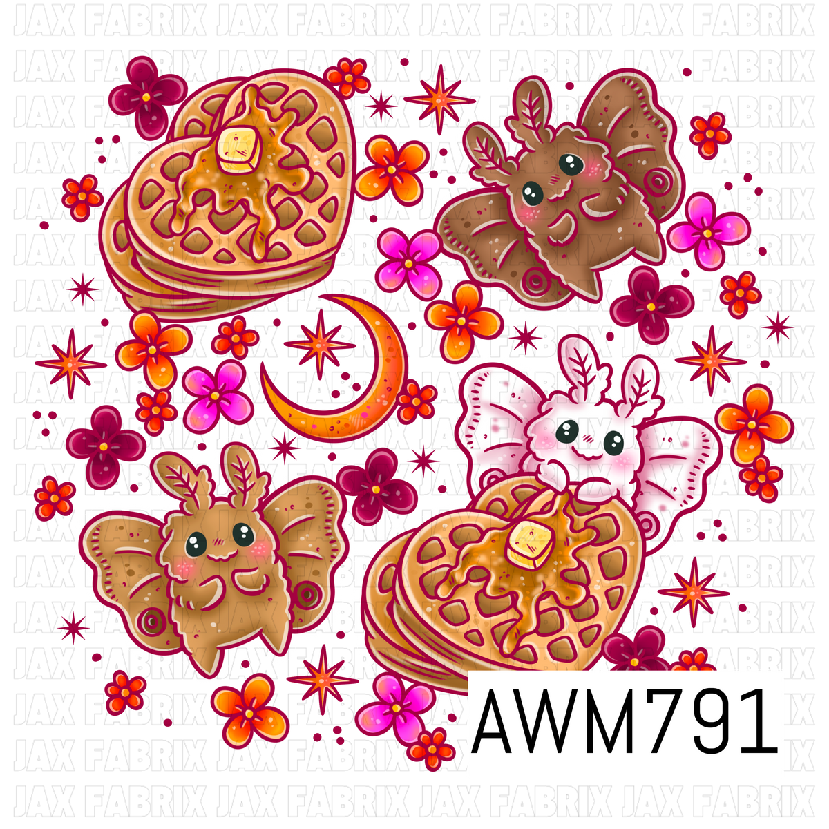 A whimsical PNG featuring adorable fluffy moths, golden waffles drizzled with syrup and butter, a crescent moon, retro flowers, and sparkling stars in warm pink, orange, and brown tones. This playful artwork is perfect for apparel, bows, bags, stickers, tumblers, stationery, and other fun sewing and crafting projects.